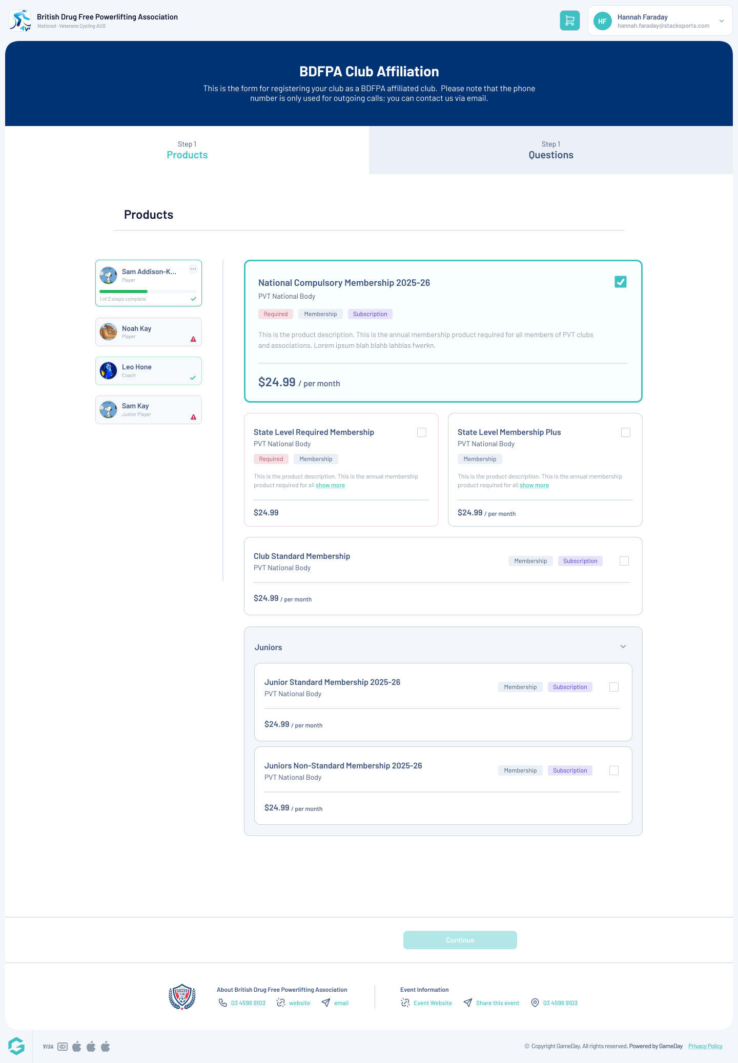 GameDay — Membership Products